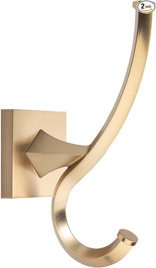 TUNNY 2 Pack Vintage Wall Hooks-Champagne Gold Coat Hooks Towel Hook for Hanging Heavy Duty Bathroom Hook Hat Hook Double Wall Mounted Coat Hanger