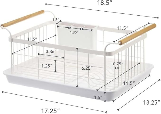 YAMAZAKI Home Dish Drying Rack – Modern White Dish Rack for Kitchen Counter with Removable Drainer Tray and Cutlery Holder, Steel + Wood Dish Drying Organizer - Steel + Wood -