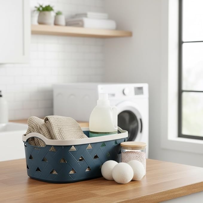 Extra-Large Plastic Storage Basket with Handles – Blue & Cream Decorative Bin for Bathroom, Living Room, or Laundry – Designer Leather Pattern Organizer Basket, 16.7L