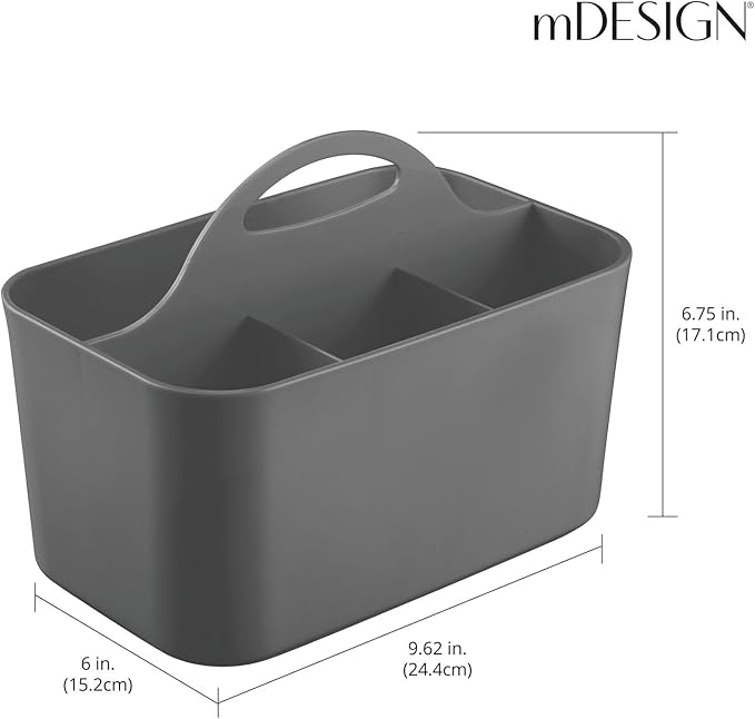 mDesign Small Plastic Shower/Bath Storage Organizer Caddy Tote with Handle for Dorm, Shelf, Cabinet - Hold Soap, Shampoo, Conditioner, Combs, Brushes, Lumiere Collection, Dark Gray