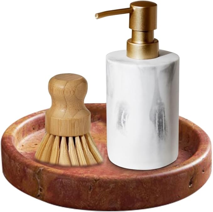 Natural Travertine Tray for Bathroom Countertop & Coffee Table, Round Stone Serving Dish with Marble Finish (Red, 5.9")