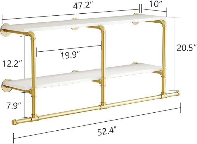 MAIKAILUN Industrial Pipe Clothes Rack Gold with Wood Shelf, 52" Long Wall Mounted Clothing Rack with Hanging Rod for Laundry Room, Heavy Duty Pipe Shelves, Closet Storage, Retail Boutique Display
