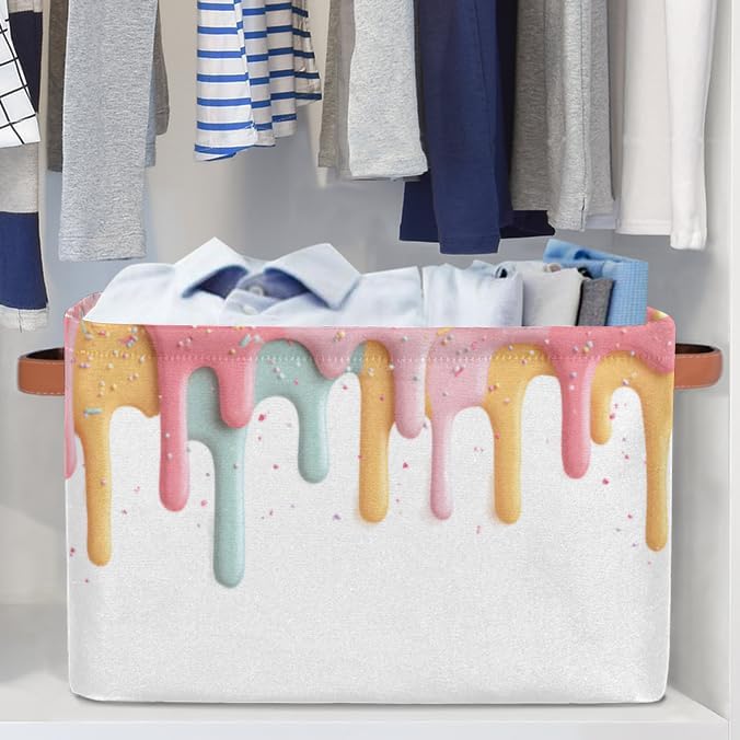 Cute Storage Bins for Organization, Canvas Book Storage Bins Handles, Bedroom Shelves Decorative Baskets for Organizing, Fabric Cube Bin Classroom Dorm Closet Organizer Box (Ice Cream)