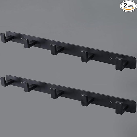 Coat Rack, Heavy Duty Stainless Steel 5 Tri Coat Hook Hanger, Wall Mounted Wall Hooks, Rustic Clothes Hook/Key Hook Rail for Bathroom Kitchen Entryway(2 Pack, 5 Hook Black)