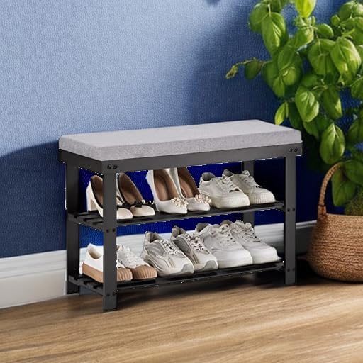 Apicizon 3-Tier Shoe Rack for Entryway, Bamboo Shoe Bench with Cushion Padded Seat, Small Shoe Organizer with Storage for Indoor Entrance Hallway Bedroom Living Room, Black