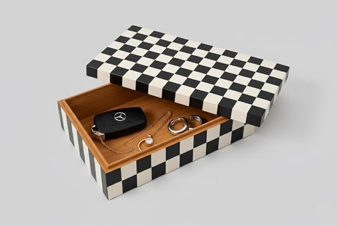 Decorative Storage Box, Handmade Chevron Pattern, Boho Style, Multipurpose Gift Box (black white Shatranj, 12X4X2.5 Inch)