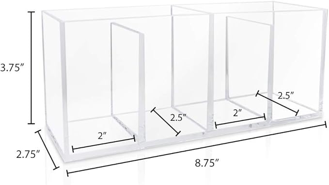 Isaac Jacobs 4-Compartment Clear Acrylic Organizer- Makeup Brush Holder- Storage Solution- Office, Bathroom, Kitchen Supplies and More (Clear)