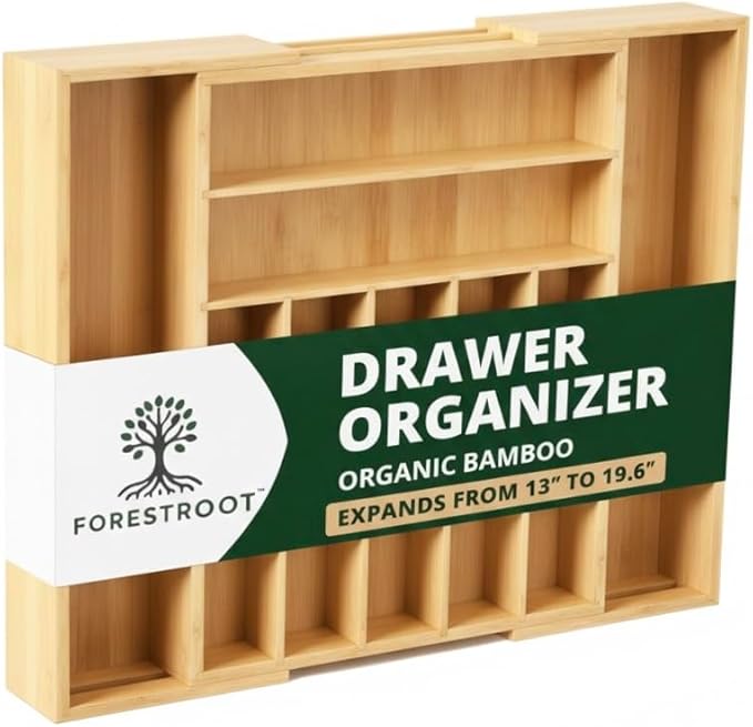 Bamboo Drawer Organizer – Expandable 9 Slot Silverware & Utensil Tray for Kitchen, Office & Kitchen –Fits 13”–19.6” Drawers, Natural Bamboo Wood, Deep Compartments - Durable & Eco-Friendly