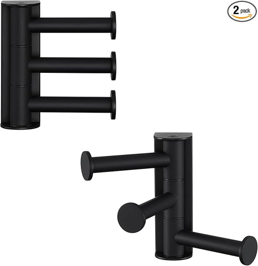 APLusee Swivel Towel Hook for Bathroom 2 Pack, 304 Stainless Steel Matte Black Swivel Coat Hook with 3 Rotating Arms, Flexible Kitchen Towel Hanger Wall Mounted