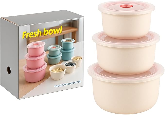 Wheat Straw Crisper Box with Lid Dry Food Vegetables and Fruits Sealed Storage Box Portable Plastic Crisper Bowl Set, Beige