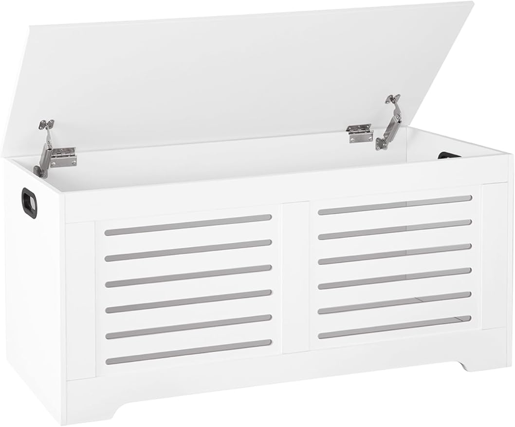 DINZI LVJ Storage Chest, 43.3â Wooden Toy Box with 2 Safety Hinges, Retro Entryway Shoe Storage Bench with Flip-Top, Sturdy Large Storage Trunk for Living Room, Bedroom, Easy Assembly, White