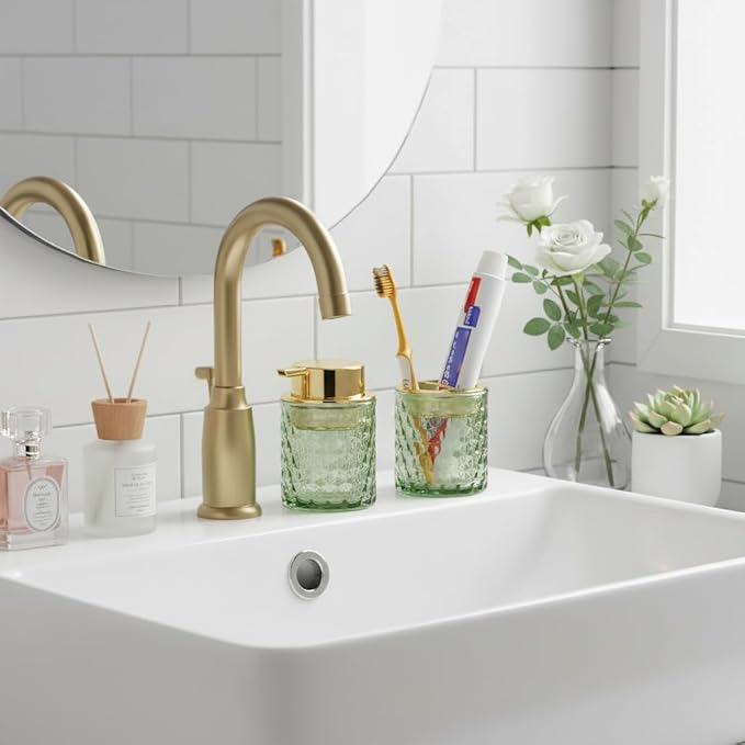 Bathroom Accessories 2 Piece Set Glass Soap Dispenser and Toothbrush Holder, 10oz Foaming Soap Dispenser, Green Toothbrush and Toothpaste Holder Organizer Cup for Modern Bathroom Decor