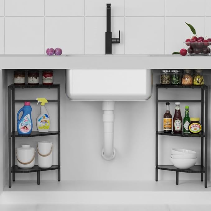 Under Pedestal Sink Shelf, 2 Pack Under Sink Organizers and Storage, 3-Tier Pedestal Under Sink Storage Bathroom Vanity, Corner Shelf Stand for Bathroom, Kitchen, Living Room, Black