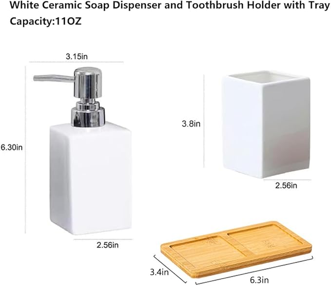 White Soap Dispenser and Toothbrush Holder with Tray,Ceramic Bathroom Accessories Set Modern Square Countertop Bath Set,Liquid Soap Dispenser,Tumbler Cup,Wooden Vanity Tray
