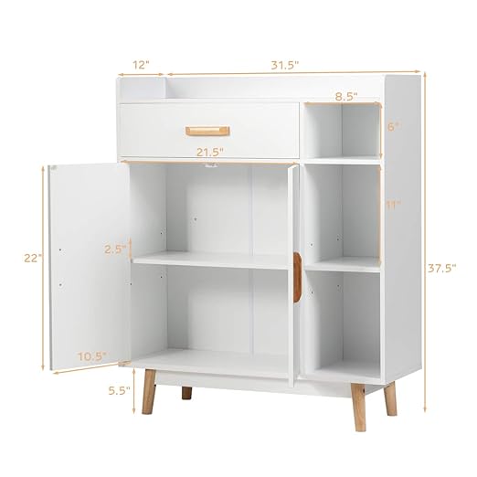 Giantex Floor Storage Cabinet, Freestanding Cupboard with 1 Drawer, 2 Doors, 3 Shelves, 4 Rubber Wood Legs, Sideboard, Entryway Unit for Home Office, Living Room, Storage Organizer (White)