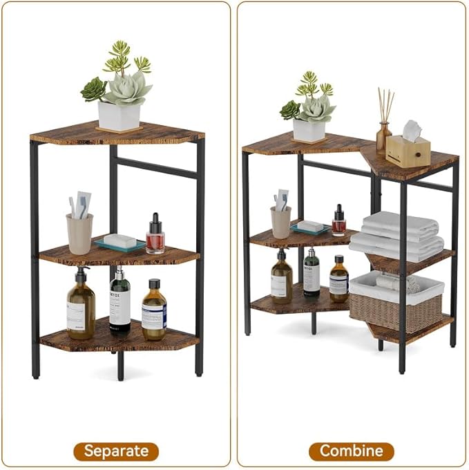 CADUKE Pedestal Sink Storage, 2 Pack Under Sink Organizer Shelf Bathroom Under Vanity Storage Shelf for Small Space, Bathroom Organizers Rack Stand 3 Tier Wooden Corner Shelves, Rustic Brown