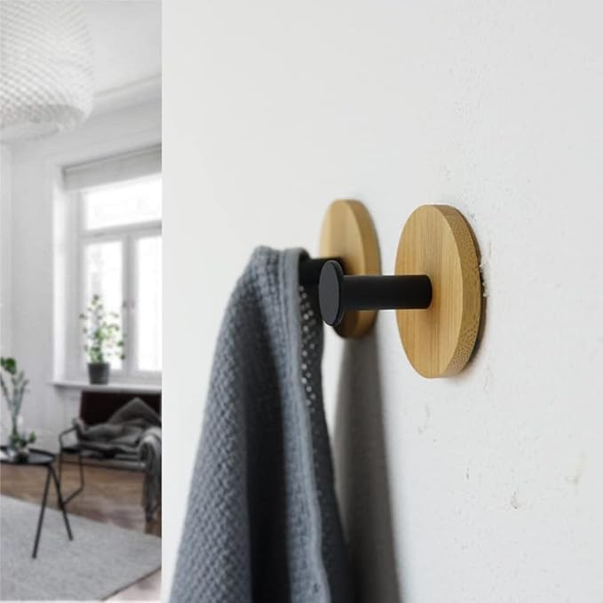 4Pack Decoration Wood Wall Hook Coat Hooks for Hanging Adhesive Waterproof Wall Hook Clothes Bag Key Hanger Hook Bedroom Kitchen Bathroom Door Robe Towel Hooks- Black