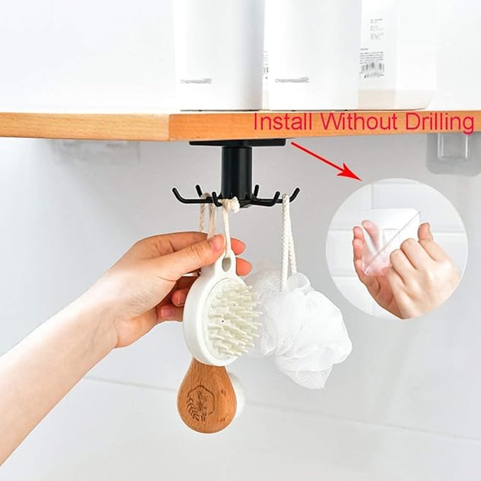 2Pcs 360 ° Rotating Kitchen Utility Hooks,Under Cabinet Kitchen Hooks for Utensils,Adhesive Kitchen Utensils Hanging Hooks for Kitchen Utensils/Tools/Towel/Knife(Black).