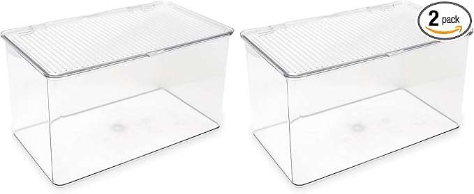Isaac Jacobs Large Stackable Organizer Bin (10.75” x 6.5” x 6.1”) w Hinged Lid Clear Storage Box Home Office School Fridge Bathroom Kitchen Pantry Container BPAFree Food Safe (Large Clear) (Pack of 2)