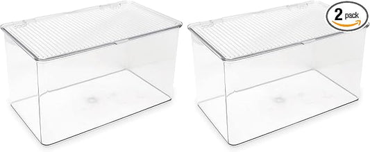 Isaac Jacobs Large Stackable Organizer Bin (10.75” x 6.5” x 6.1”) w Hinged Lid Clear Storage Box Home Office School Fridge Bathroom Kitchen Pantry Container BPAFree Food Safe (Large Clear) (Pack of 2)