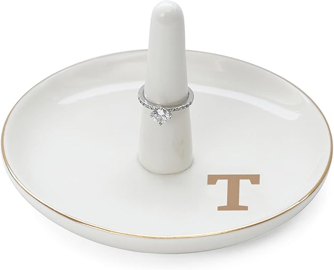 HOME SMILE Initials Ring Holder Jewery Tray with personalized T-Monogrammed Engagement Gifts for Friends,Birthday Mother's Day Christmas Gifts for Women,Ceramic White