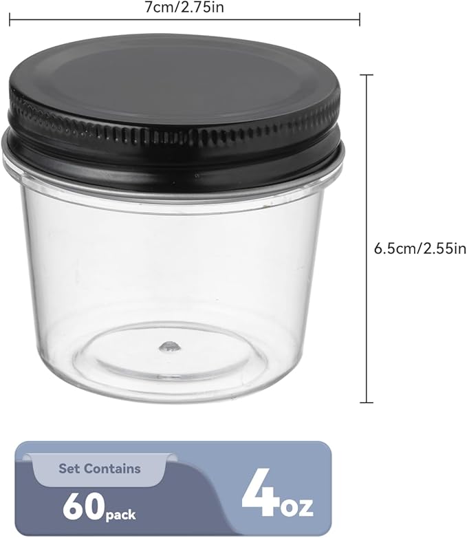 novelinks 4 oz Plastic Mason Jars with Lids, 60 Pack Small Containers with Lids 4oz, Slime Containers & Cake Jars & Small Spice Jars for Kitchen Organization (60 Pack,Black)