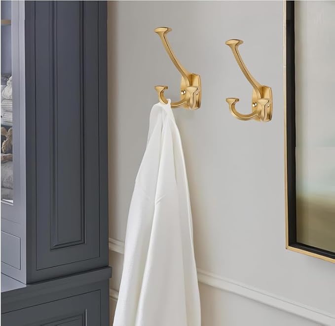 Brushed Gold Hooks Large Wall Mounted Decorative Solid Heavy-Duty Double-Sided Coat Hooks for Hanging Towels Coats Robes Towels Bag Bathroom Wall Hooks (2 Pack)