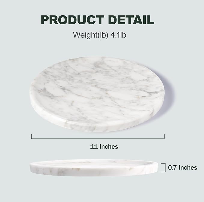Natural Marble Decorative Tray for Bathroom Bedroom Kitchen Dresser, 11â Round Vanity Trays for Jewelry, Perfume, Cosmetic, Candle, Countertop Storage Organizer for Home Decor White, Arabescato