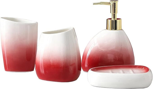 Bathroom Accessory Set, 4 Pcs White & Red Gradient Ceramic Bathroom Cabinet with Soap Dispenser Soap Dish Gargle Cup Toothbrush Holder, Fashion Bathroom Decor for Home Apartment Hotel (Red)
