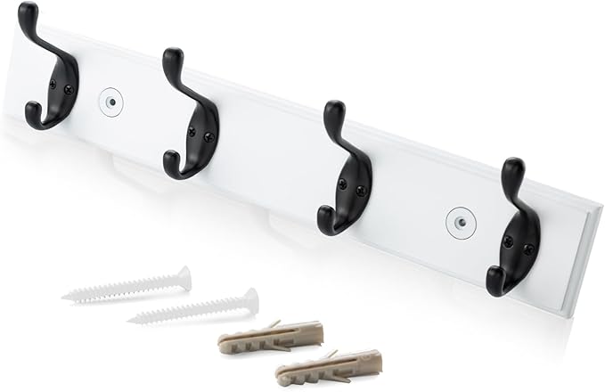 HOME MASTER HARDWARE Coat Rack Wall Mount White, MDF Wall Mounted Coat Hooks for Hanging Coats, 16" Hat Rack for Wall with 4 Matte Black Hooks