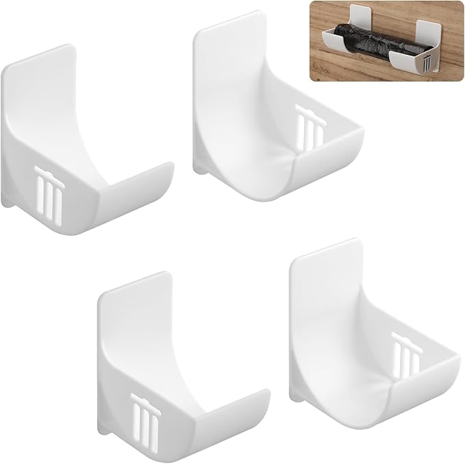 2 Pairs Plastic Bag Holder, No Punching Trash Bag Holder Wall Mounted Plastic Bag Organizer White Garbage Bag Dispenser Grocery Bag Holder for Home Kitchen Storage and Organization