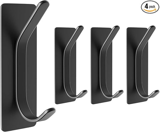 Adhesive Wall Hook for Towel, Coat, Extra Sticky 8LB Stainless Hook, Stick on Hanger for Bath or Shower, Black 4-Pack
