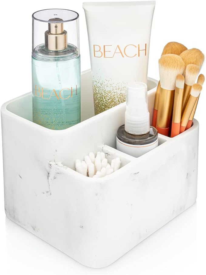 Essentra Home White Marble Toothbrush Holder and Bathroom Organizer – Keeps Your Bathroom Counter Organized and in Style.