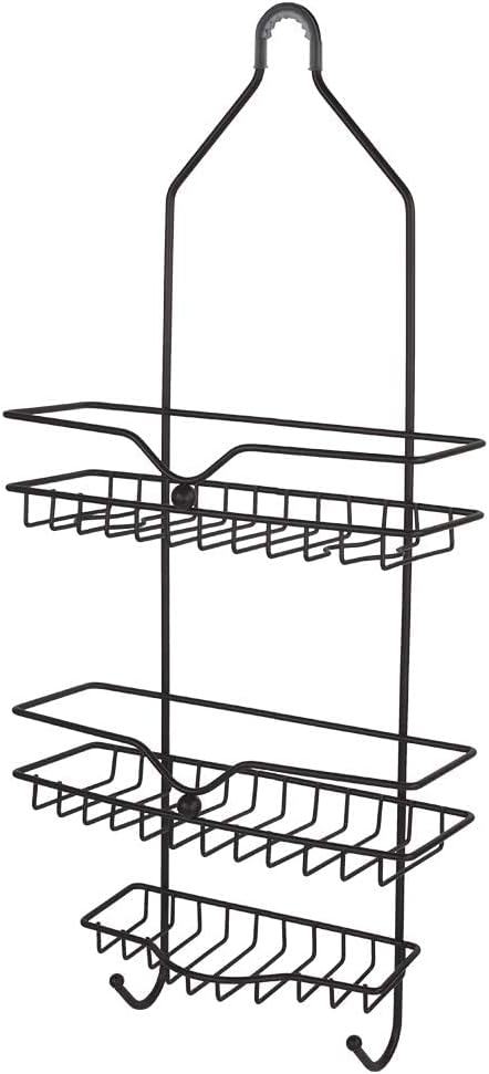 Home Basics Classic 2 Shelf Shower Caddy with Bottom Hooks and Center Soap Dish Tray, Bronze, Black