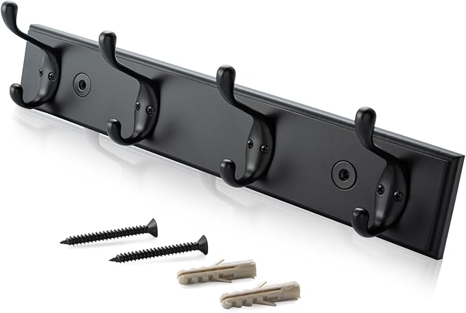 HOME MASTER HARDWARE Coat Rack Wall Mount Black, MDF Wall Mounted Coat Hooks for Hanging Coats, 16" Hat Rack for Wall with 4 Hooks