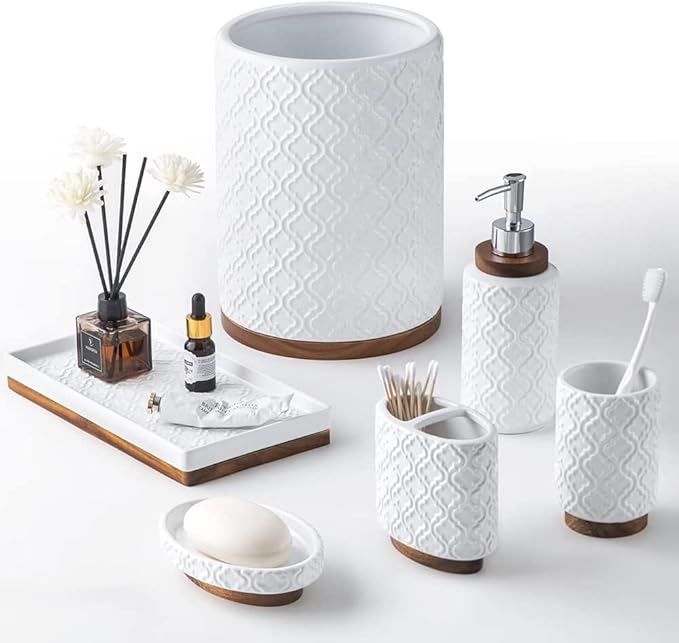 Elegant Bathroom Accessories Set 6 PCS Ceramic and Wood Bathroom Accessory Set Soap Dispenser Toothbrush Holder Tumbler Soap Dish Tray Trash Can Easy to Clean Quatrefoil Pattern White
