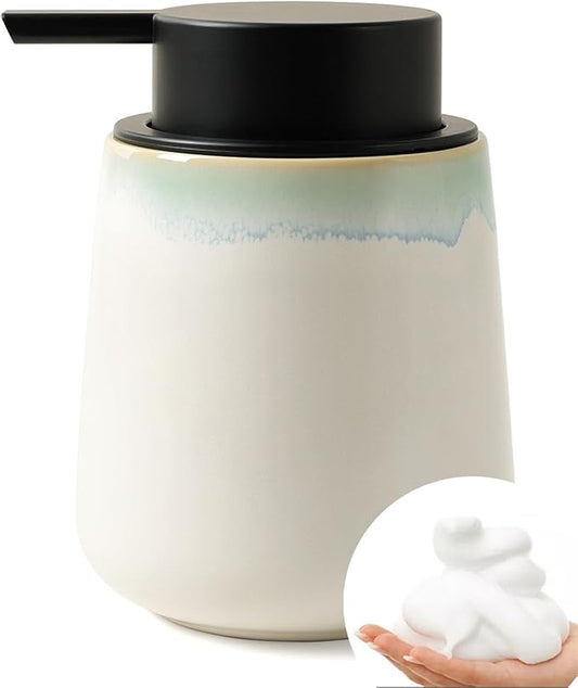 BosilunLife Foam Hand Soap Dispenser - 12 oz Bathroom Hand Pump Dispenser Foaming Soap Dispenser Ceramic Dish Wash Dispenser for Kitchen, White with Blue-Green Rim