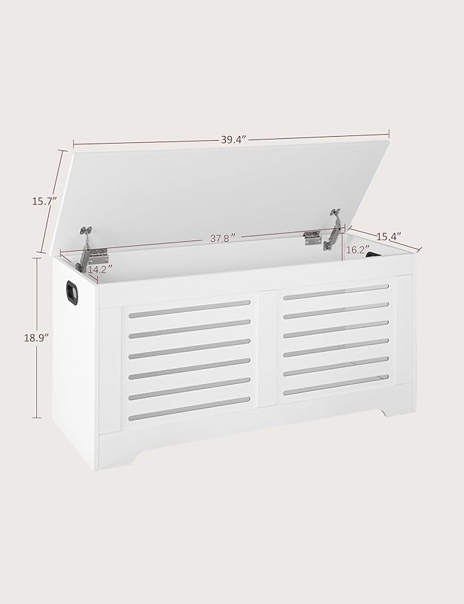 DINZI LVJ Storage Chest, 39.4âWooden Toy Box with 2 Safety Hinges, Retro Entryway Shoe Storage Bench with Flip-Top, Sturdy Large Storage Trunk for Living Room, Bedroom, Easy Assembly, White