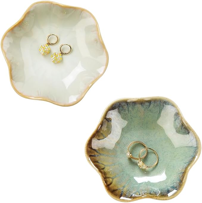 2PCS Ring Holder Dish, Small Key Bowl, Ceramic Trinket Tray Jewelry Dish Organizing Necklace Earrings for Mom Friend Sister, All Jewelries Are NOT Included. Light Green+Crystal Green.â¦