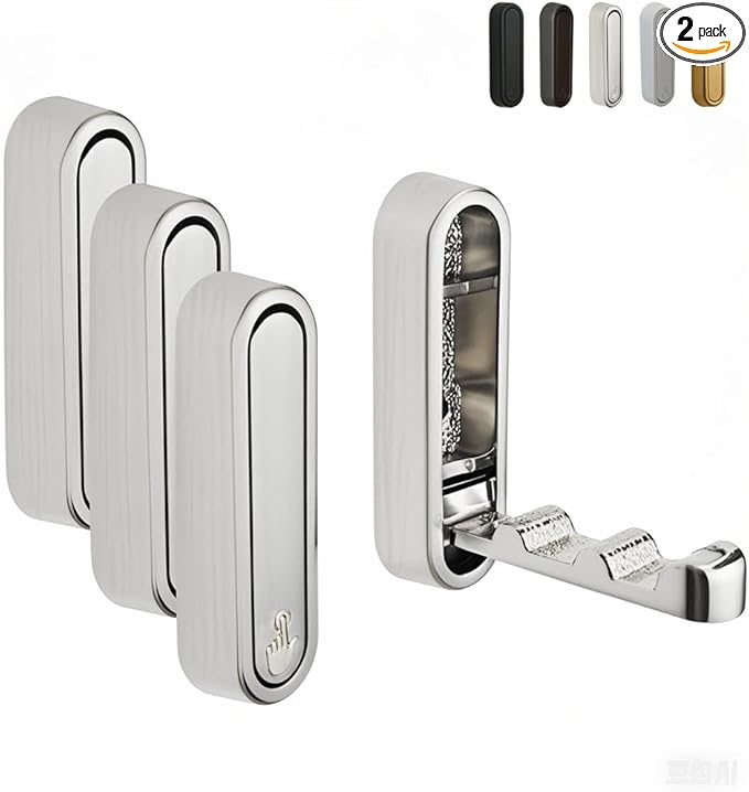 Foldable Wall Hooks Heavy Duty - Zinc Alloy Hidden Handle with Anchors/Screws, Space-Saving for Bathroom, Kitchen, Closet, 33lb Capacity, Wall Mounted (Silver Brushed, Count, 4)