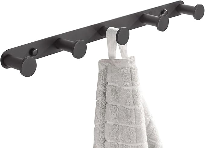 BigBig Home Black Bathroom Towel Hook, Coat Rack with 5 Hooks Wall Mount Matte Black Robe Hanger Heavy Duty Stainless Steel, 13 Inch