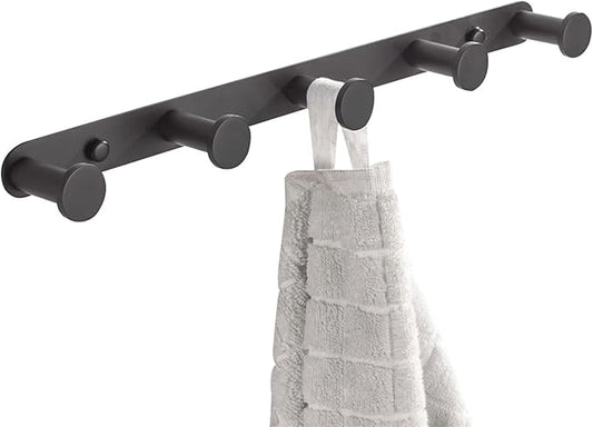 BigBig Home Black Bathroom Towel Hook, Coat Rack with 5 Hooks Wall Mount Matte Black Robe Hanger Heavy Duty Stainless Steel, 13 Inch