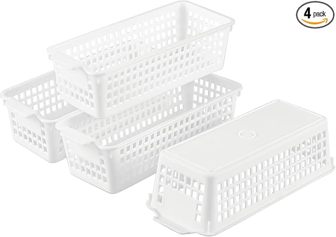 Anbers 4 Pack Slim Storage Baskets for Shelves, Small Plastic Organizing Baskets, White