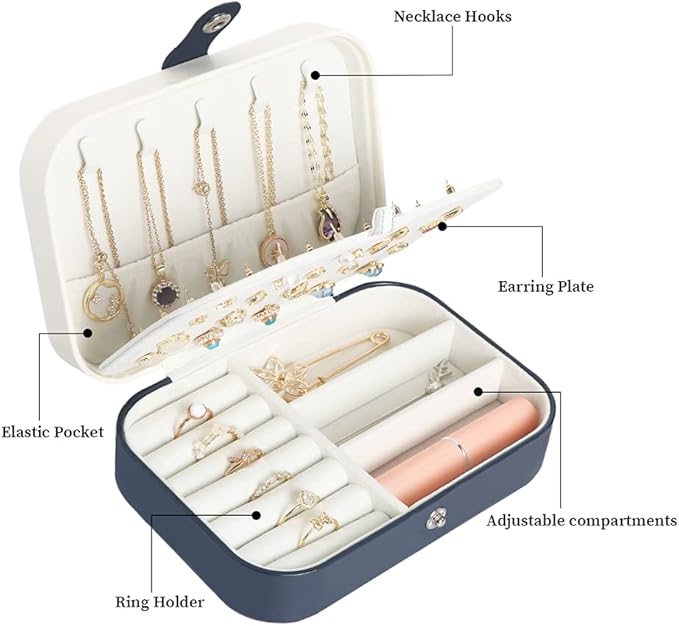 Travel Jewelry Box, Small Jewelry Organizer Boxes for Women Girls, 2 Layer Travel Jewlery Case, PU Leather Mini Portable Jewerly Storage Display Holder for Earrings, Ring, Necklaces, Bracelets - Blue