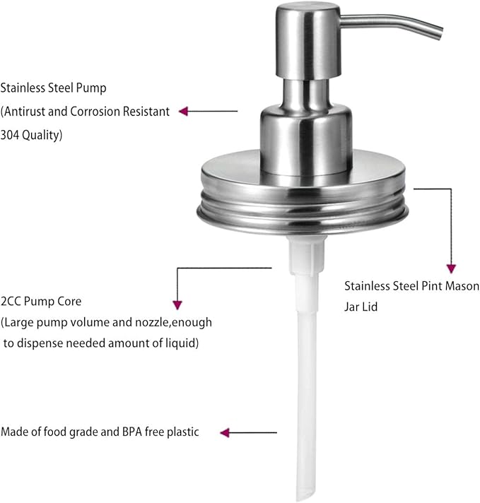 Amolliar Mason Jar Liquid Soap Dispenser Lid, Rustproof Stainless Steel, Cute Farmhouse Decor for Kitchen, Bathroom, Refill Liquid Soap Pump for Hand Soap, Dish Soap, Lotion Soap, Brushed Nickel 2Pack