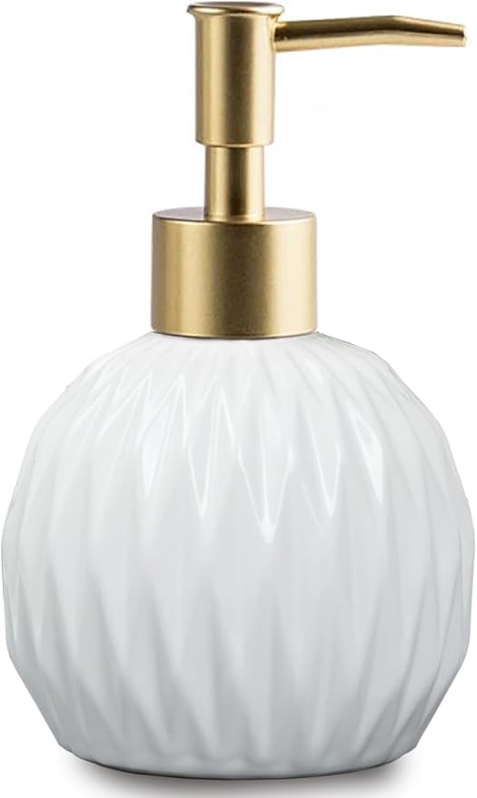 Ceramic Soap Dispenser White with Gold Pump,Modern Design Cylindrical Lotion Dispenser Bottle,Refillable Liquid Hand Soap Dispenser for Kitchen,Bathroom,Washroom