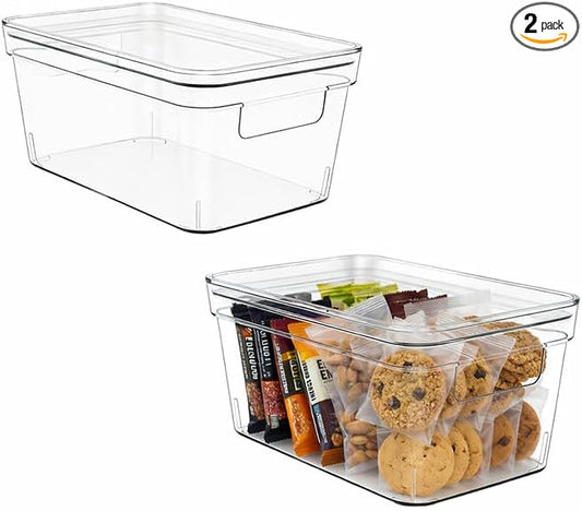 MOONEDGE Small Clear Plastic Storage Bins with Lids and Handles – Stackable Clear Organizer Bins for Fridge, Kitchen, Pantry, Bathroom, Closet, Laundry Room, Office – 2 Pack (10×6×5 in)