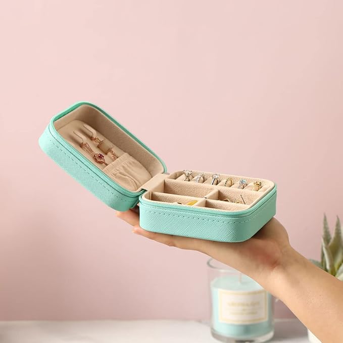 Travel Jewelry Case, Mini Portable Jewelry Travel Boxes, Small Jewelry Organizer for Rings, Earrings, Pendants, Watches, Necklaces, Lipsticks Organizer Storage Holder Case (Cyan Blue)