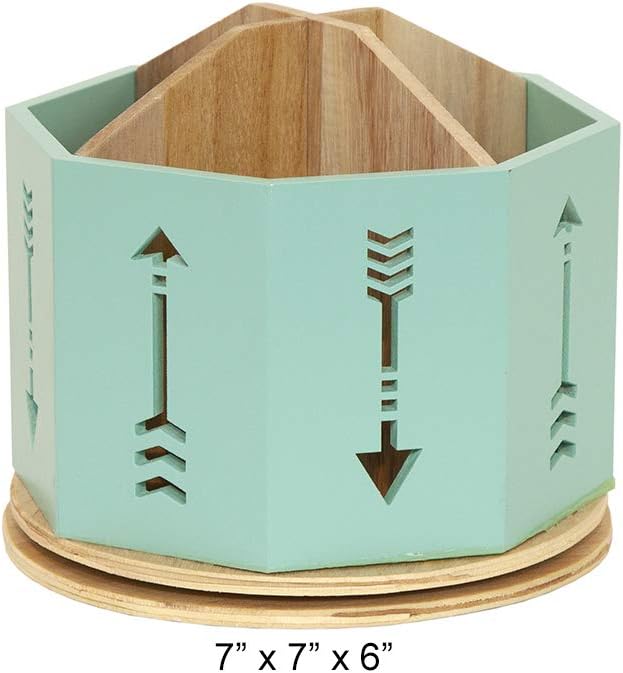 Spinning Desktop Stationary Organizer â Decorative Wooden Rotating Pen and Pencil Cup â 4 Compartment Teal Desk and Table Top Office Supplies Station with Arrow Design - by Designstyles