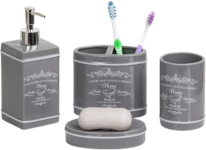 Paris Design 4-Piece Ceramic Bathroom Set, By Home Basics (Grey) | Chic Design Bathroom Accessory Sets | Accessories For Bathroom | Includes Soap Dish, Tumbler, Toothbrush Holder, and Lotion Dispenser
